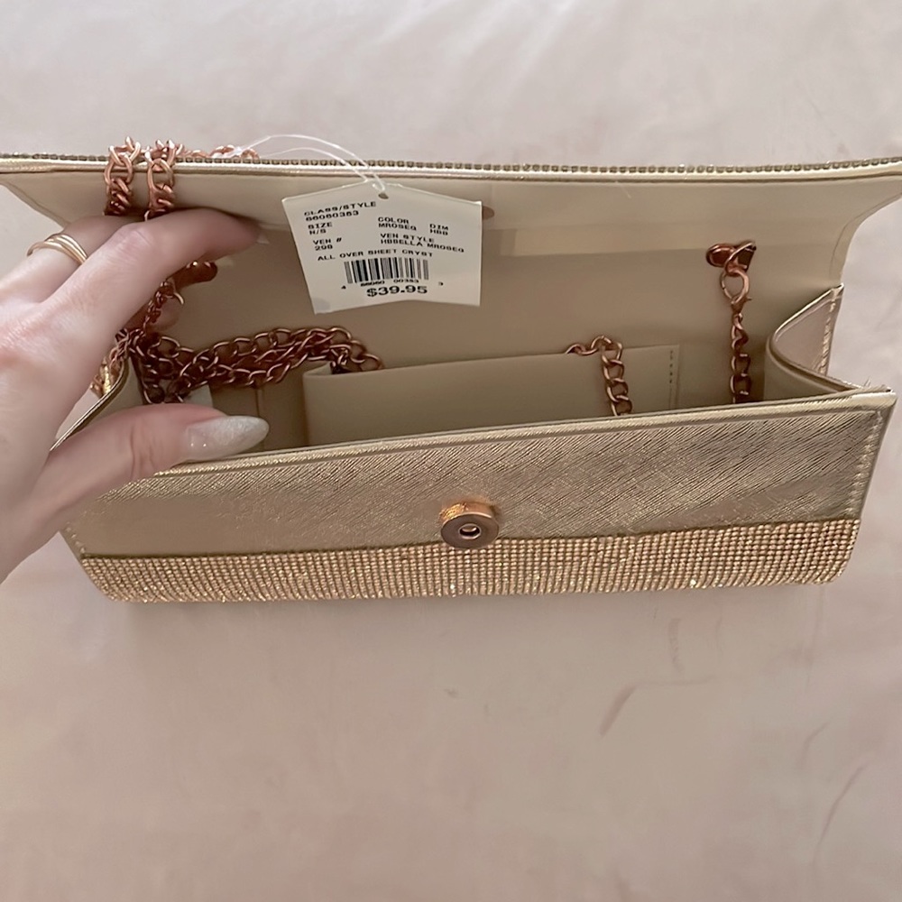 David’s Bridal Rose Gold Metallic Baguette Foldover Crossbody Clutch - Picture 6 of 8